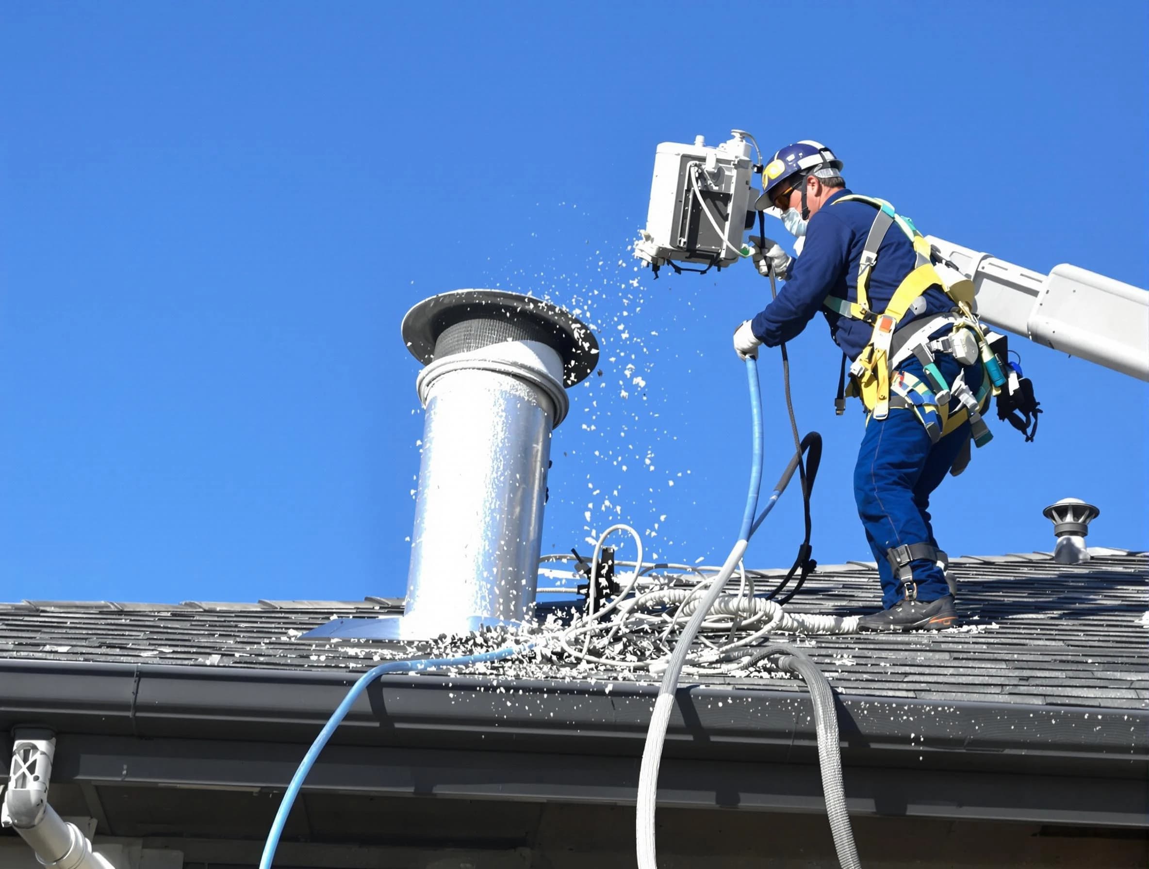 Upper St. Clair Dryer Vent Cleaning certified technician safely cleaning a roof-mounted dryer vent in Upper St. Clair