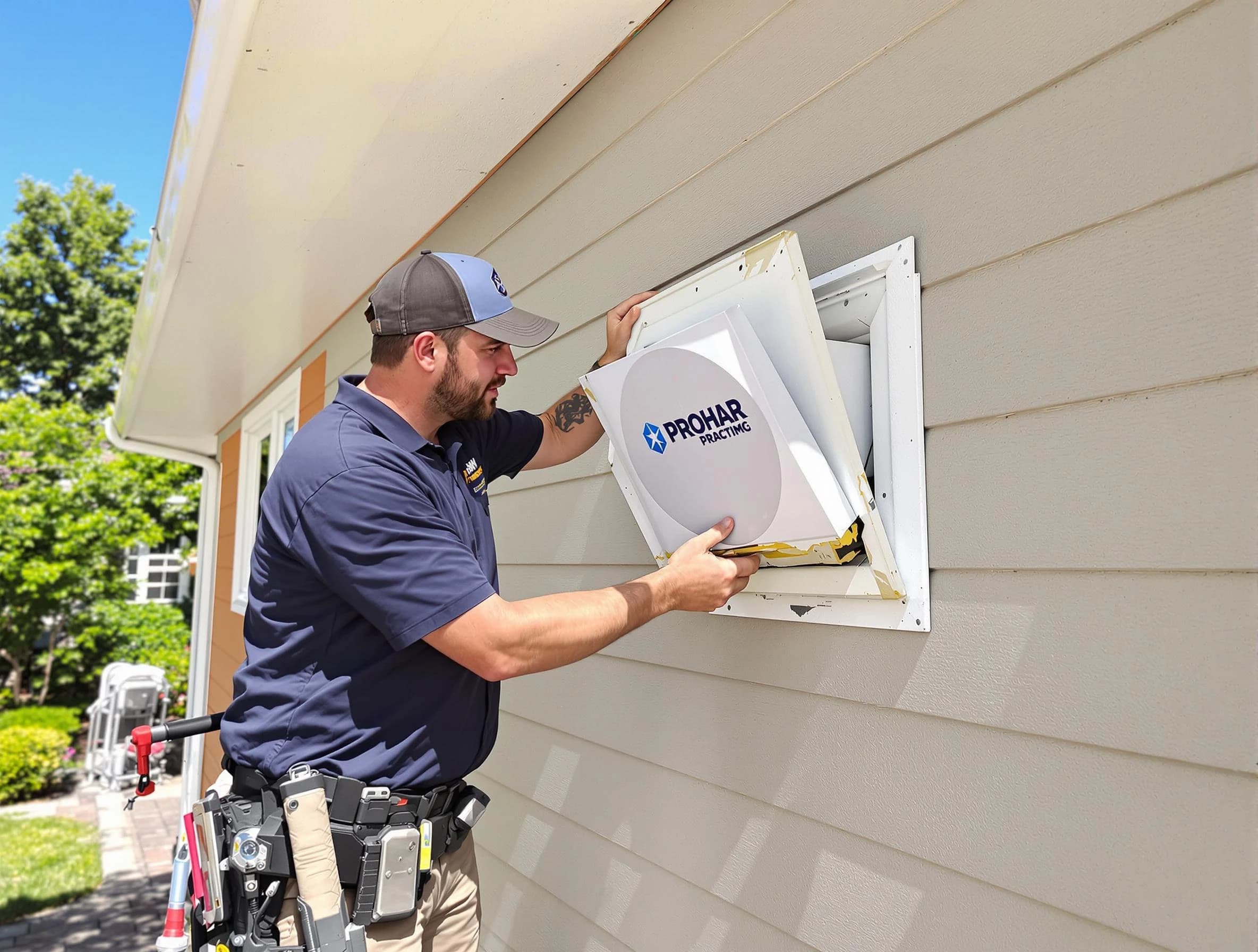 Upper St. Clair Dryer Vent Cleaning technician installing a new protective dryer vent cover on a home in Upper St. Clair