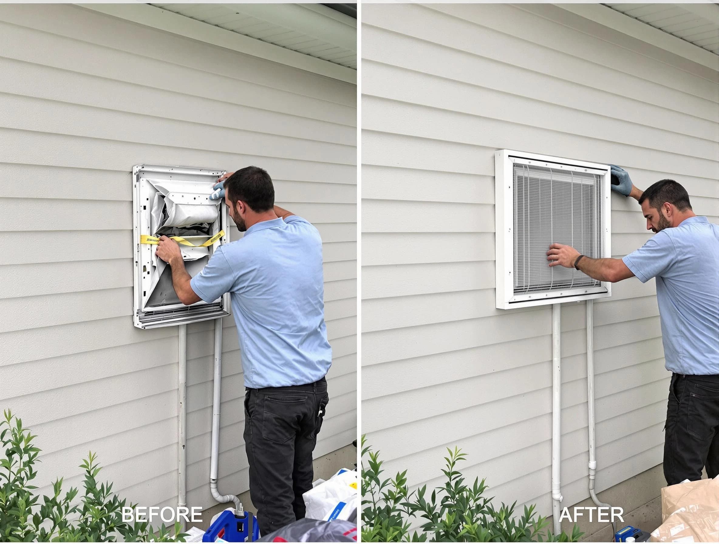 Upper St. Clair Dryer Vent Cleaning technician installing high-quality dryer vent cover at a residential property in Upper St. Clair