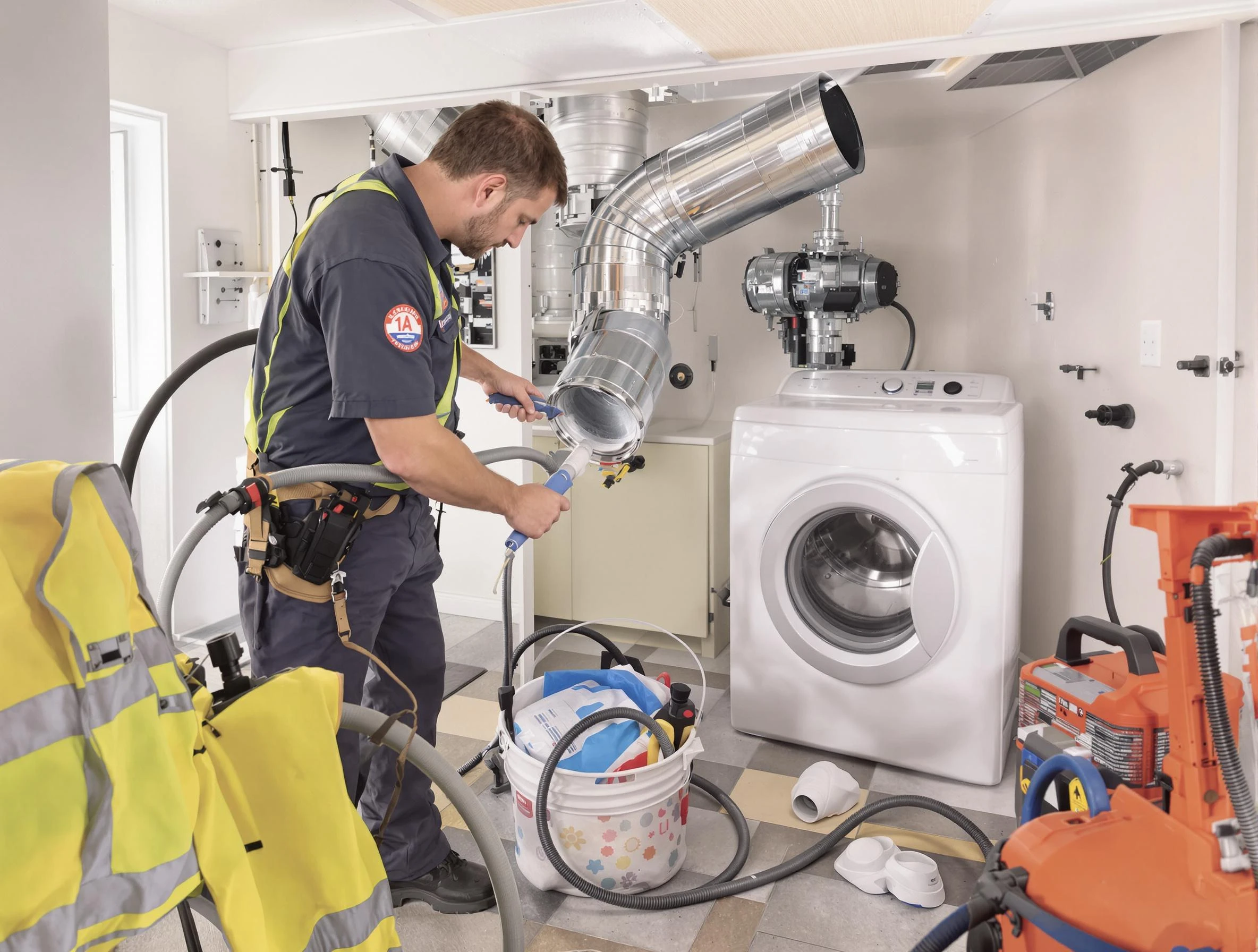 Upper St. Clair Dryer Vent Cleaning technician using specialized equipment to clear severe dryer vent blockage in Upper St. Clair