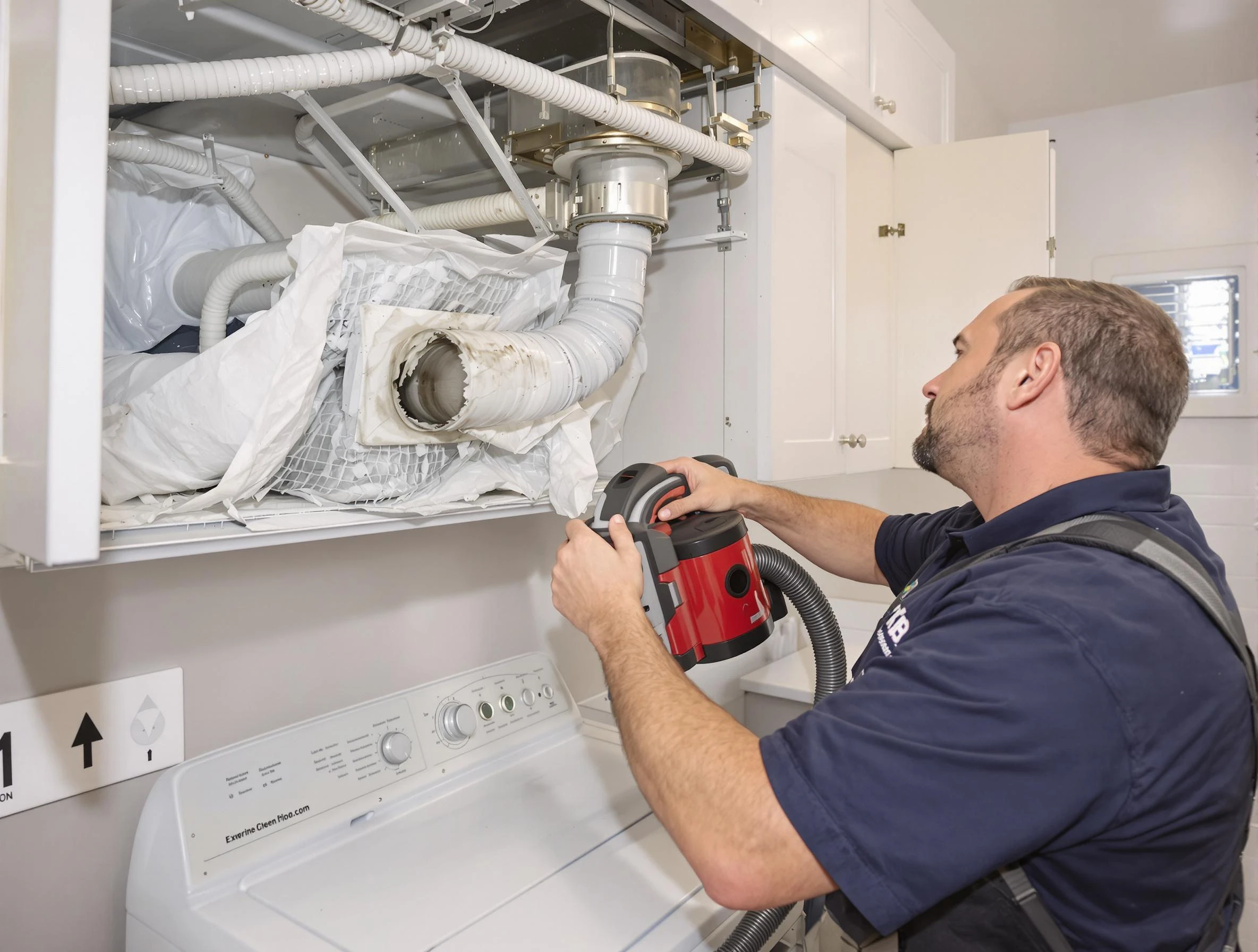 Upper St. Clair Dryer Vent Cleaning technician performing professional exhaust vent cleaning at a residential property in Upper St. Clair