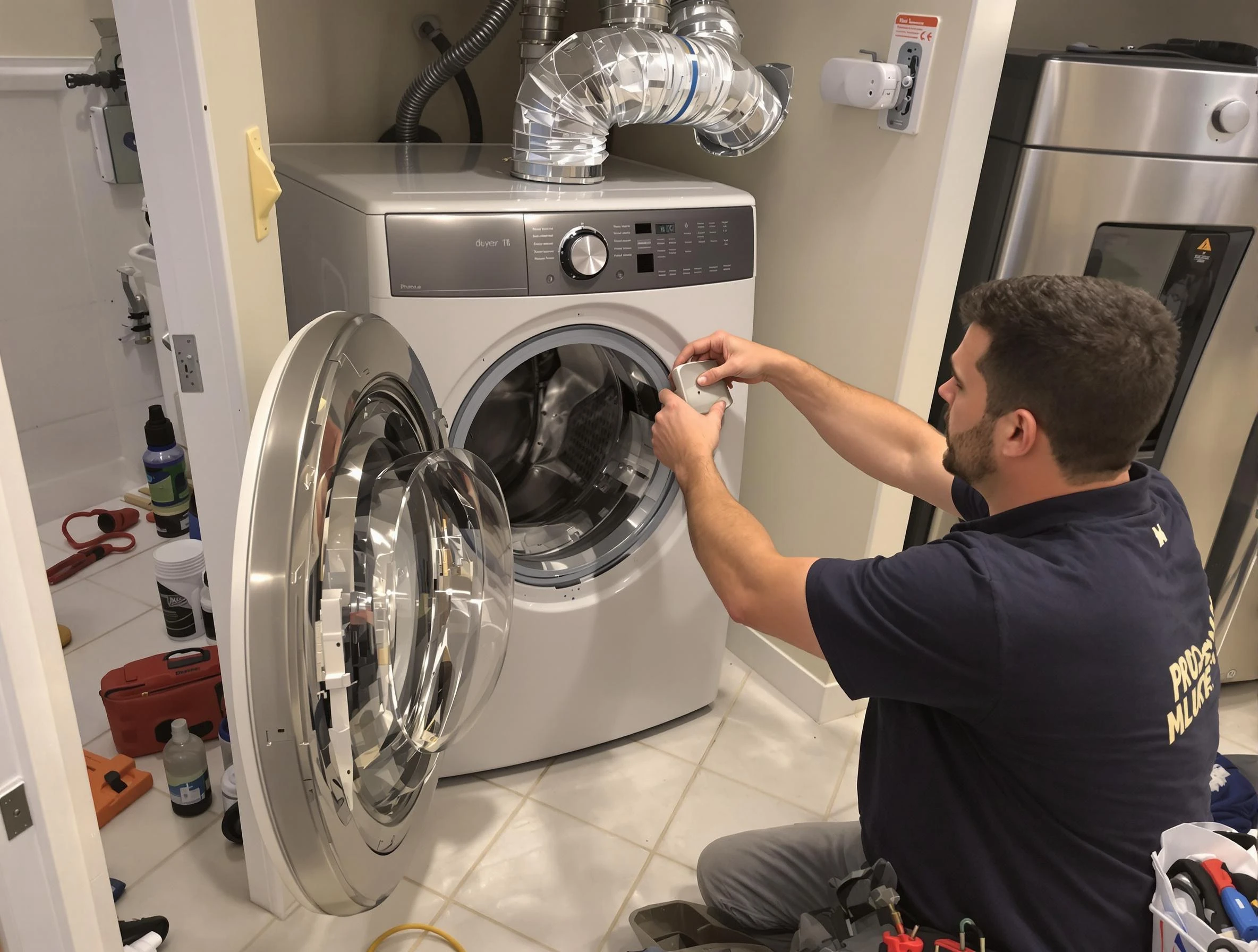 Upper St. Clair Dryer Vent Cleaning technician performing precise dryer vent hose installation in Upper St. Clair